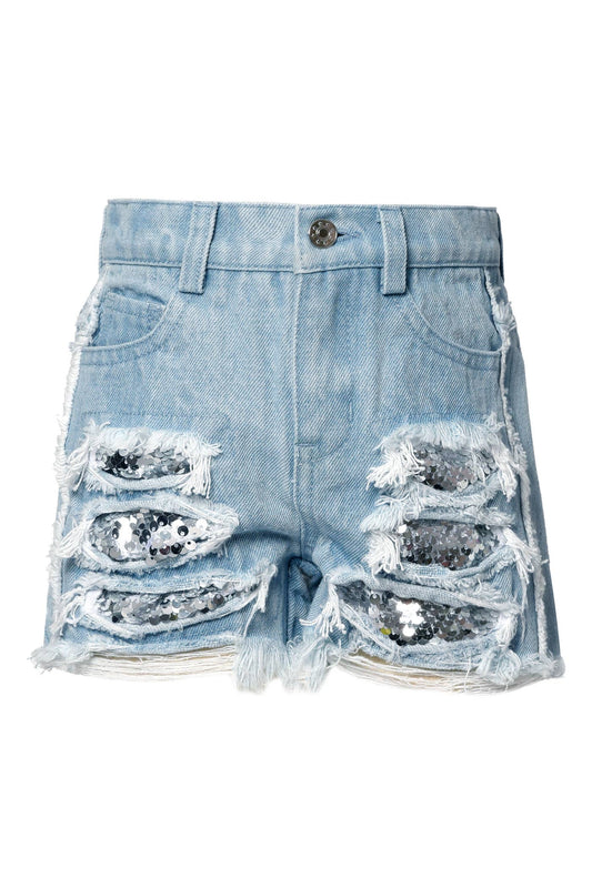My Hannah Banana Little Girl’S Distressed Sequin Denim Shorts. Distressed Lower Shoulder Area  Zipper & Button Closure Silver Sequin Statement Distressed Belt Loops On Waistline  Light Wash Denim Jean Shorts The Perfect Shorts For The Little Rockstar.   Imported