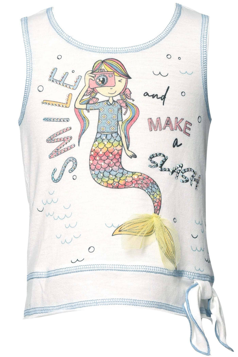 Little Girl’s Sleeveless Smile Mermaid Print Top My Hannah Banana Blue Exposed Raw Stitching Contrast Round Neckline & Sleeveless    Mermaid W/ Camera Print Text: “Smile and Make a Splash”  Mesh/Tulle Mermaid Tail  Side Knot Detail  Imported