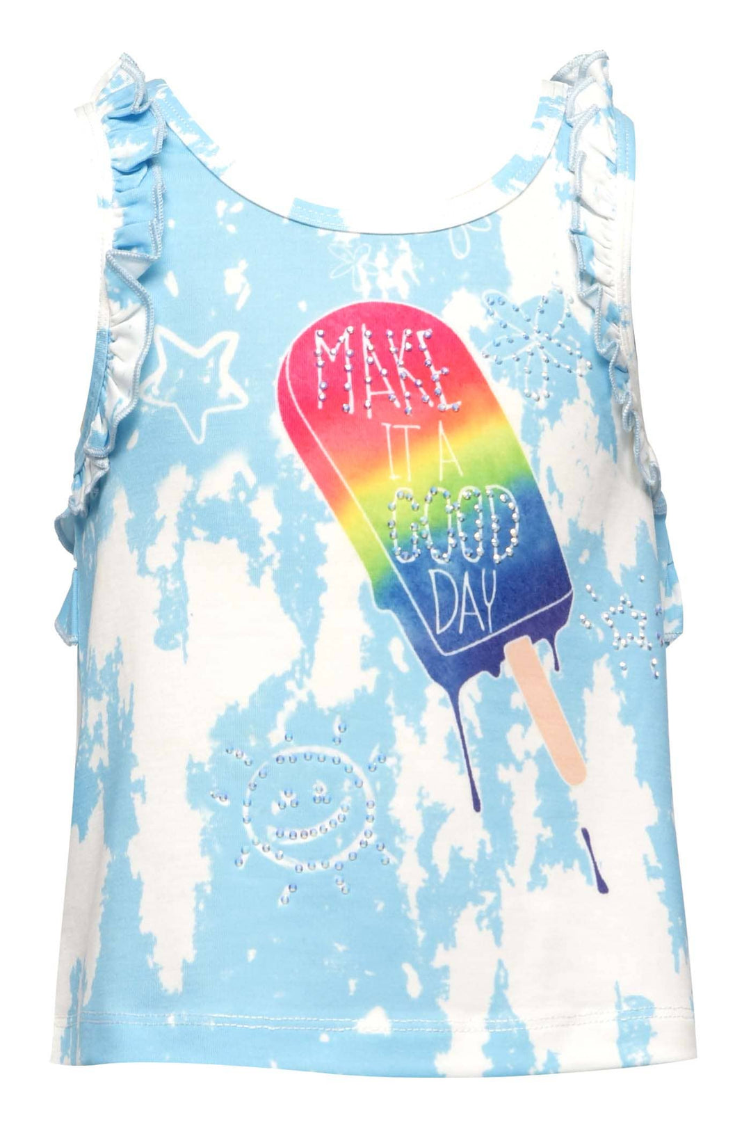 My Hannah Banana Little Girl’s Make It A Good Day Tie Dye Print Tank.  "You Scream, I Scream, We All Scream for Ice Cream" Ruffled Sleeveless  Round Neckline  Rainbow Melting Ice Cream W/ ”Make it A Good Day” Text  Splatter Tie Dye  Star, Smiley Face, and Flower Print  Rhinestone Detail for A Little Sparkle Imported   