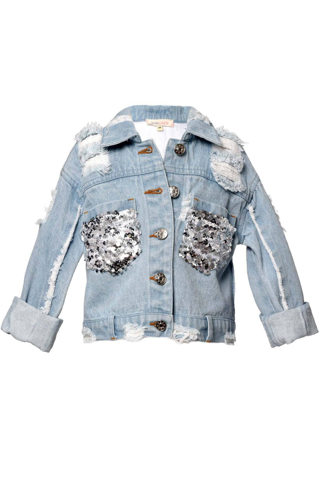 My Hannah Banana Little Girl’s Sequin Distressed Denim Jacket.   Pointed Collar  Distressed Lower Shoulder Area  Button Down/Up Closure Dropped Silver Sequin Statement Pockets Long Sleeves W/ Frayed Details Belt Loops On Bottom Light Wash Denim Jean Jacket The Perfect Jacket For The Little Rockstar.   Imported