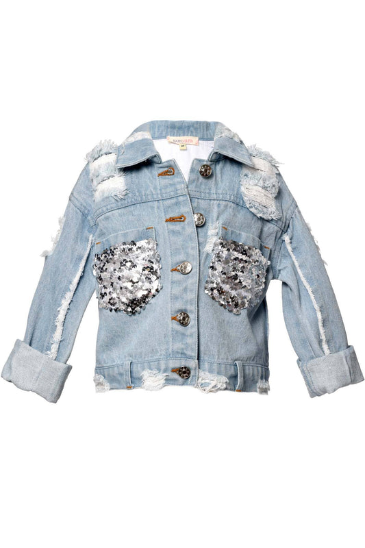 My Hannah Banana Little Girl’s Sequin Distressed Denim Jacket.   Pointed Collar  Distressed Lower Shoulder Area  Button Down/Up Closure Dropped Silver Sequin Statement Pockets Long Sleeves W/ Frayed Details Belt Loops On Bottom Light Wash Denim Jean Jacket The Perfect Jacket For The Little Rockstar.   Imported