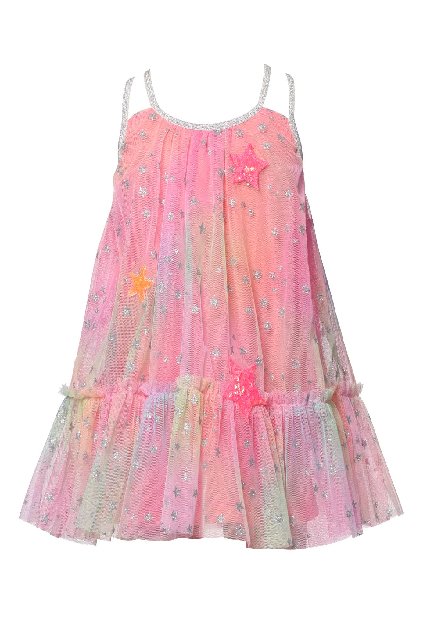 Little Girl’s A-Line Mesh Rainbow Star Dress.  Round Neckline  Double Thin Straps  Trendy Mesh Tutu Like A-Line Glitter & Sequin Star All Over Super Girly Color With Dominantly Pink & Rainbow Pastels Summer-perfect tie dye vibrant rainbow color Adorable subtle ruffled details Right above the knee length Imported