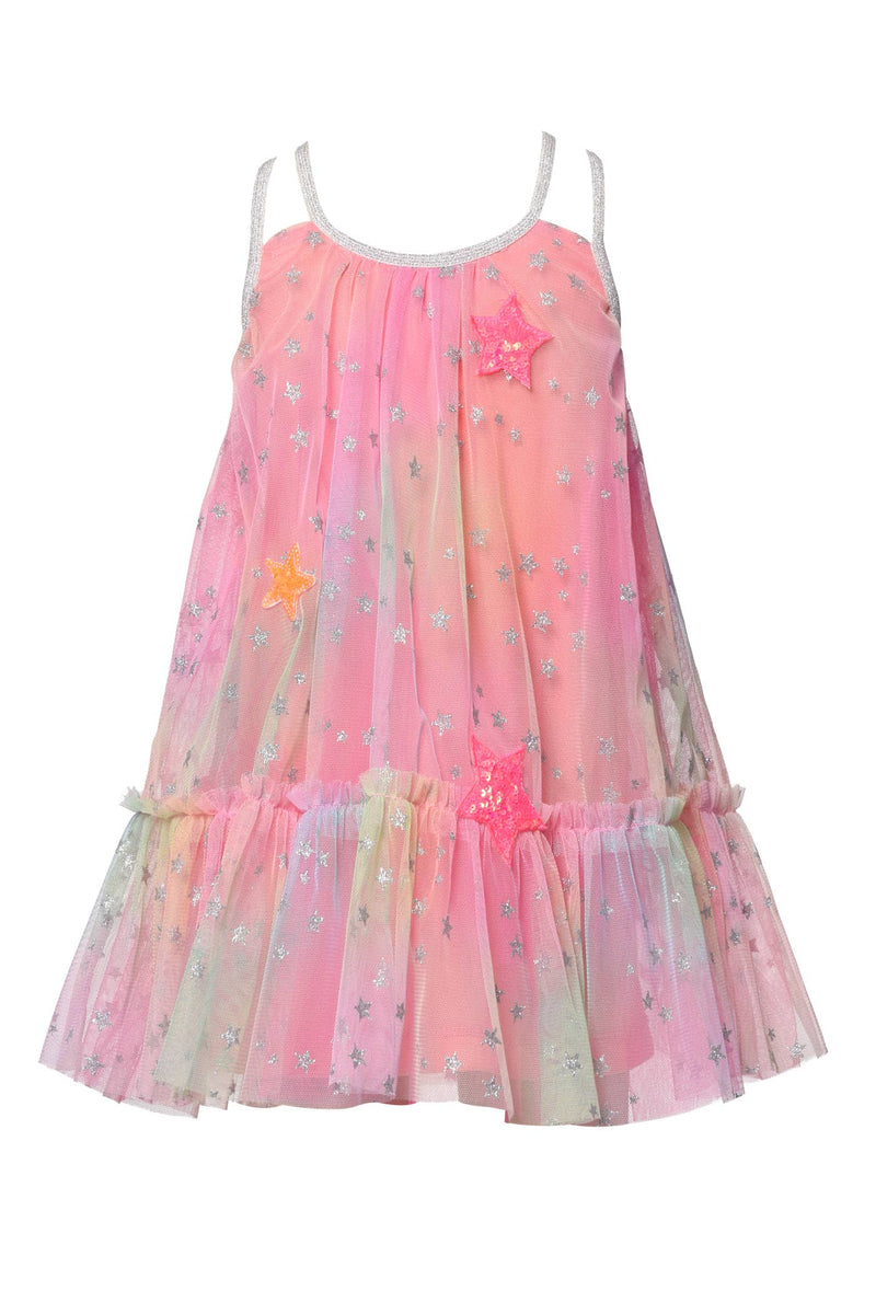 Little Girl’s A-Line Mesh Rainbow Star Dress.  Round Neckline  Double Thin Straps  Trendy Mesh Tutu Like A-Line Glitter & Sequin Star All Over Super Girly Color With Dominantly Pink & Rainbow Pastels Summer-perfect tie dye vibrant rainbow color Adorable subtle ruffled details Right above the knee length Imported