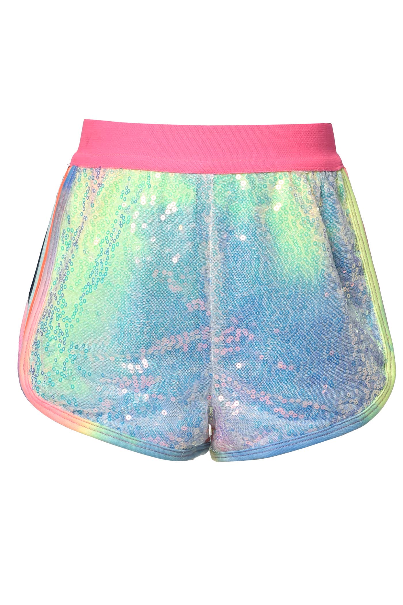 My Hannah Banana. Little Girl’s Pastel Sequin Tie Dye Shorts   Pastel Sparkly Sequin Tie Dye  Contrast Coral Elastic Waistline   Pastel Rainbow Trim Outline  A Fun & Athleisure Sporty Look For Spring!  Imported