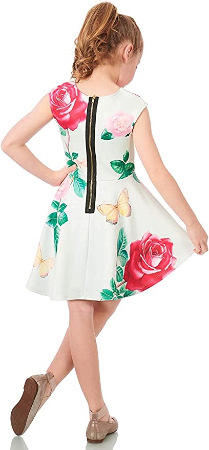 Round Neckline   Short Cap Sleeves  Large Butterfly Rose Floral Print  Back Exposed Zipper   Just Darling for a Tea Party Dress  SELF: 95% Polyester / 5% Spandex  Sleeveless skater dress in high quality scuba.  One-of-a-kind artwork with floral and butterfly graphics done with sublimation printing.  Intricate stonework.