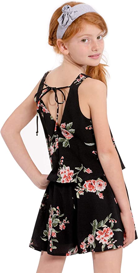 Big Girls Vintage Floral Print Romper  Scoop Neckline  Sleeveless  Vintage Floral Print   V Back Detail & Neck Tie  Truly Me designer and fashion forward little and big girls&