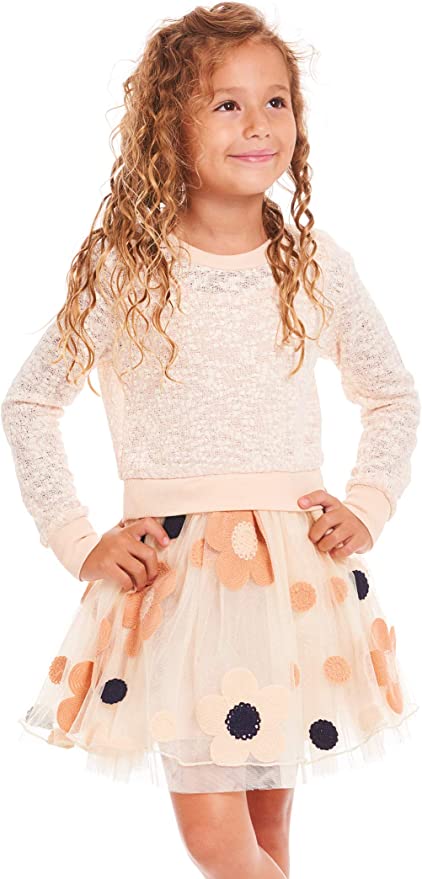 Little Big Girls Twofer Fit & Flair Daisy Dress  Mixed Media Two-fer  Heathered Like Upper  Roud Neckline  Long Sleeves  Tutu Skirt Bottom  Polka Dot & Daisy Floral Print  A Perfect Everyday Dress!