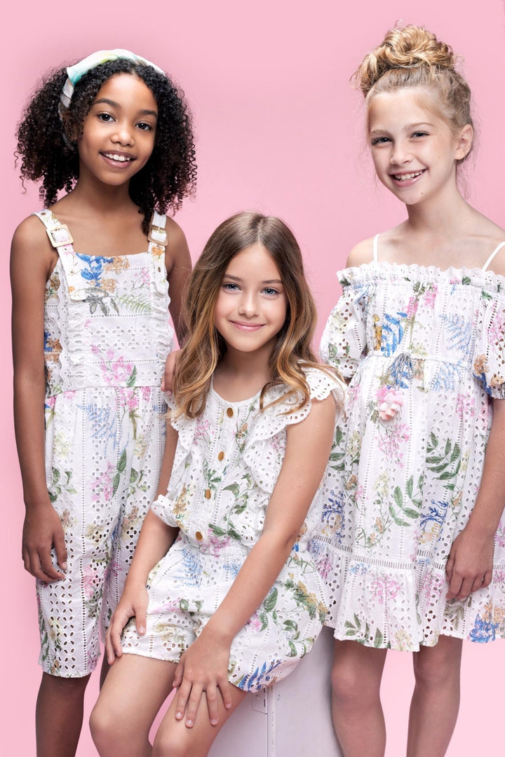 Girl’s Floral Print Eyelet Lace Button Front Romper