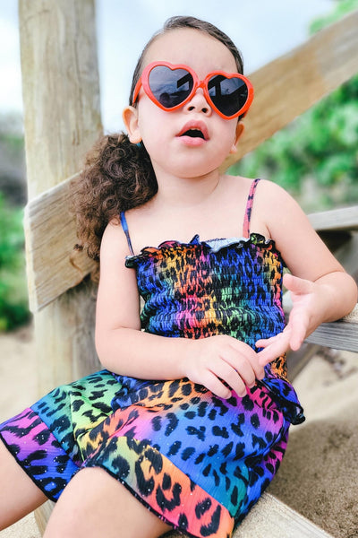 Girls Rainbow Animal Print Smocked Top Romper