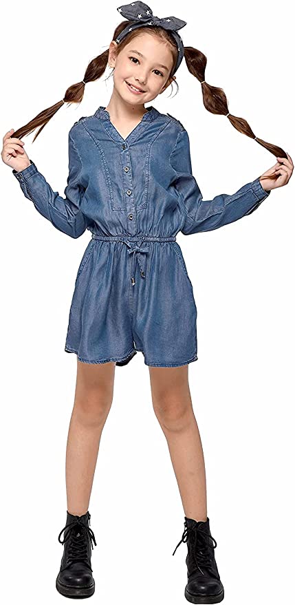 TRULY ME Big Girls Denim Long Sleeve Romper  Mandarin Collar V Neckline  Button Details Down Front Torso  Long Sleeves That Can Be Rolled Up  Elastic Waistline  Perfect Material for all Seasons: Spring,Summer,Fall, and Winter Romper.  50% Cotton / 50% Lyocell  Long sleeve chambray denim romper with many intricate details. Fabric is a super soft, cooling, and high quality woven.