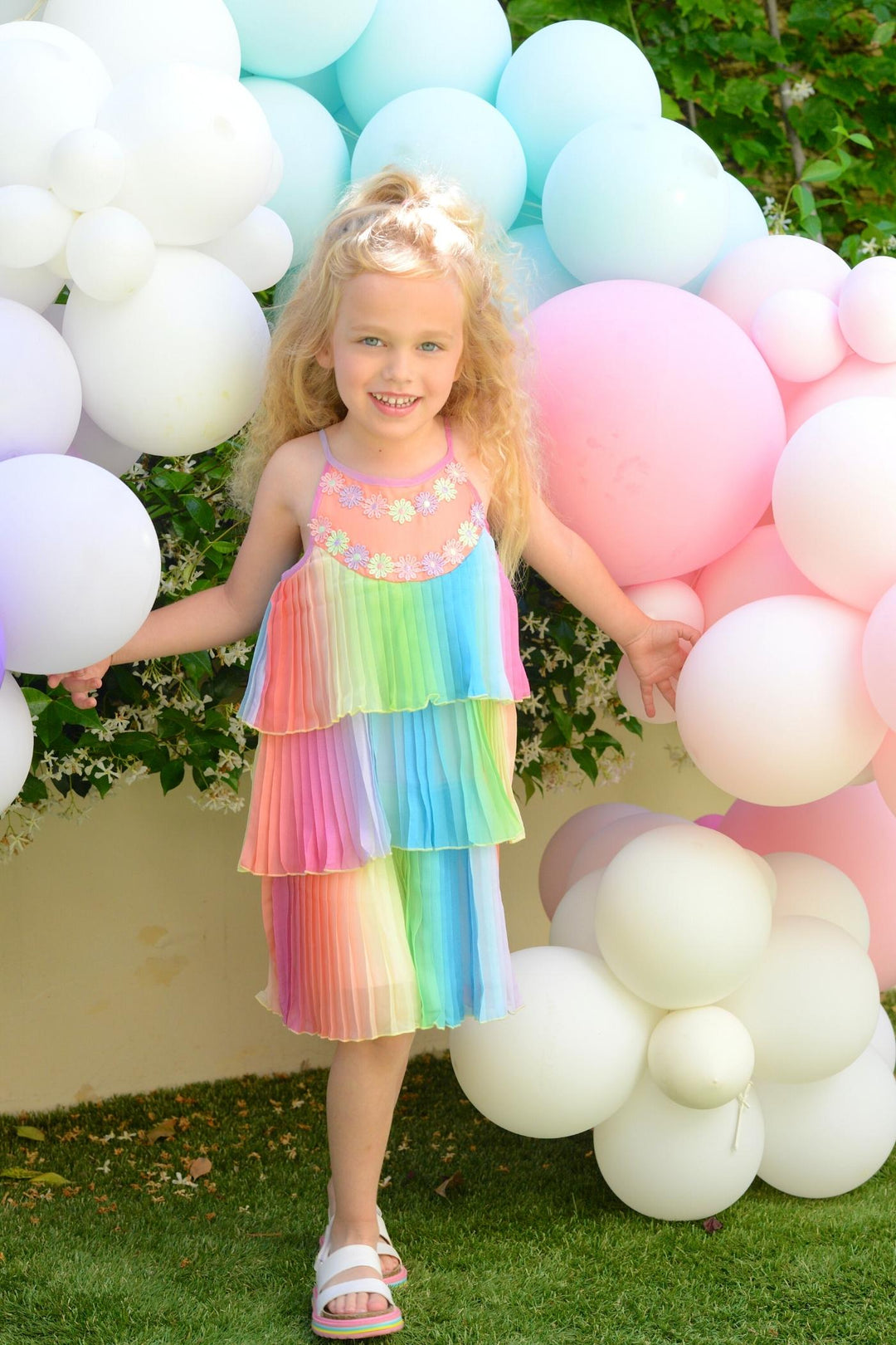 Little Girls Pleated Ruffle Tiered Rainbow Doll Dress