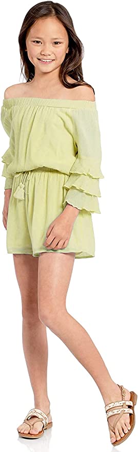 Big Girls Ruffle Sleeve Sage Green Romper  Ruffled Elastic Boat Neck (Can be work on of off the shoulder!)  3/4 Tiered Ruffle Sleeves  Drawstring Tassel Tie Waistline   The perfect romper for all seasons.   SELF: 100% Rayon, LINING: 100% Polyester  A versatile romper that can be worn on and off the shoulder. Made in high quality rayon gauze fabrication. Lining is a super soft lightweight knit.