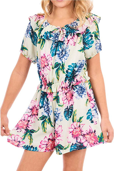 Big Girl’s Ruffle Vintage Floral Print Romper  Elastic Boat Neck With Ruffle Trim Or Off The Shoulder  Short Puff Sleeve   Elastic Waistline With Ruffle  Detail  Vintage Tropical Floral Print  Truly Me designer and fashion forward little and big girls' rompers created with your little girl in mind.  All rompers designed to be on trend so she can be her best and most confident in the latest styles.  Rompers made with full attention 