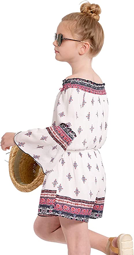 Big Girls Bohemian Boarder Print Romper  Round Smocked Elastic Neckline  Beaded Tassel Tie Detail  3/4 Sleeves With Smocked Elbow Semi Flared Sleeves  Elastic Waistline   Floral Bohemian Boarder Print Details All Over Print  Perfect Tones for All Seasons: Spring,Summer, Fall, and Winter Romper