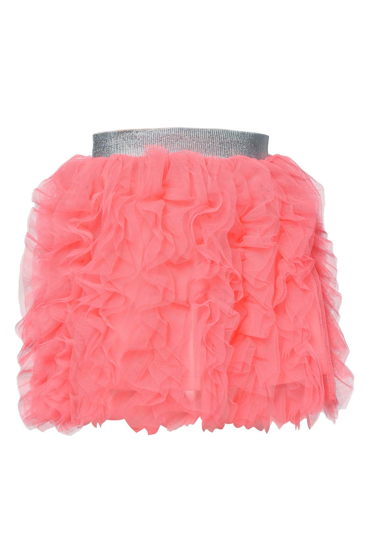 My Hannah Banana Little Girls Tulle Busy Ruffle Tutu Skirt.      Silver Metallic Elastic Waistband Coral Pink Tone Busy RuffledTulle  The Perfect Tutu Skirt For The Mini Fashionista!  Imported