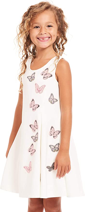 Little I Big Girls Shimmer Butterfly Skater Dress  Scoop Neckline  Sleeveless  Shimmered Flying Butterflies  Skater Dress Fit   Exposed Back Zipper  Above Knee Length  Let her sparkle through the crowd in these dresses! School has started, so let these be her go-to-dresses at her school dance or best friend's birthday party!  Hannah Banana designer girls' special occasion dresses created with your little girl in mind.