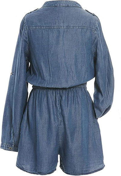 TRULY ME Big Girls Denim Long Sleeve Romper  Mandarin Collar V Neckline  Button Details Down Front Torso  Long Sleeves That Can Be Rolled Up  Elastic Waistline  Perfect Material for all Seasons: Spring,Summer,Fall, and Winter Romper.  50% Cotton / 50% Lyocell  Long sleeve chambray denim romper with many intricate details. Fabric is a super soft, cooling, and high quality woven.