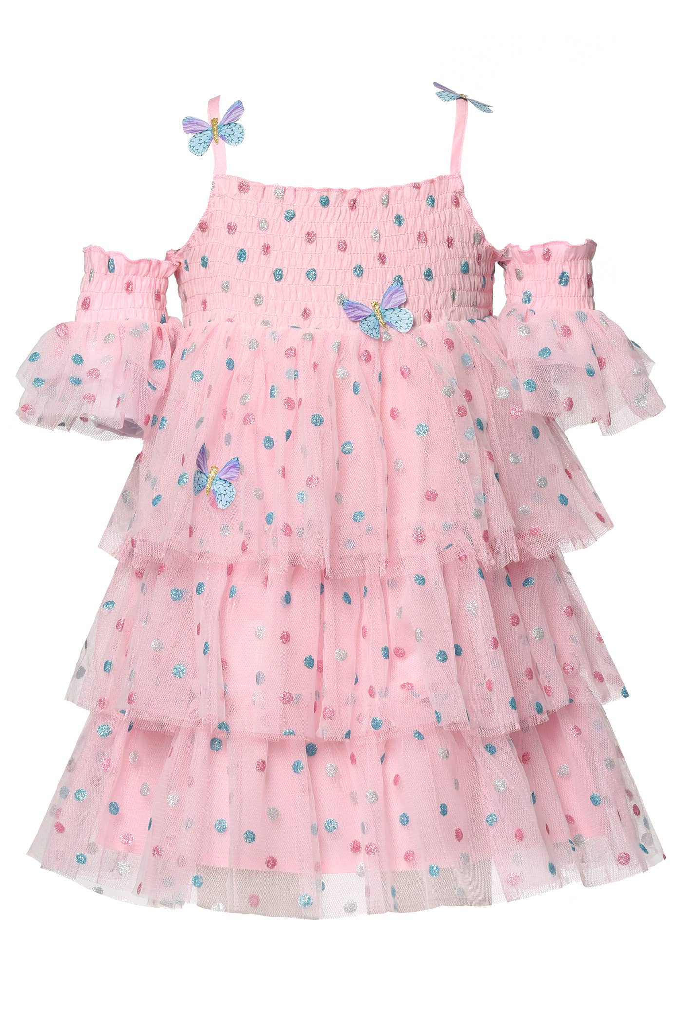 Metallic Polka Dot Print  Smocked Chest Area & Arms   Tiered Mesh Details On Arms & Body  Empire Waistline  Butterfly Details On Straps, Chest, and Body Of Dress  Polka Dot Butterfly Mesh Tiered Dress