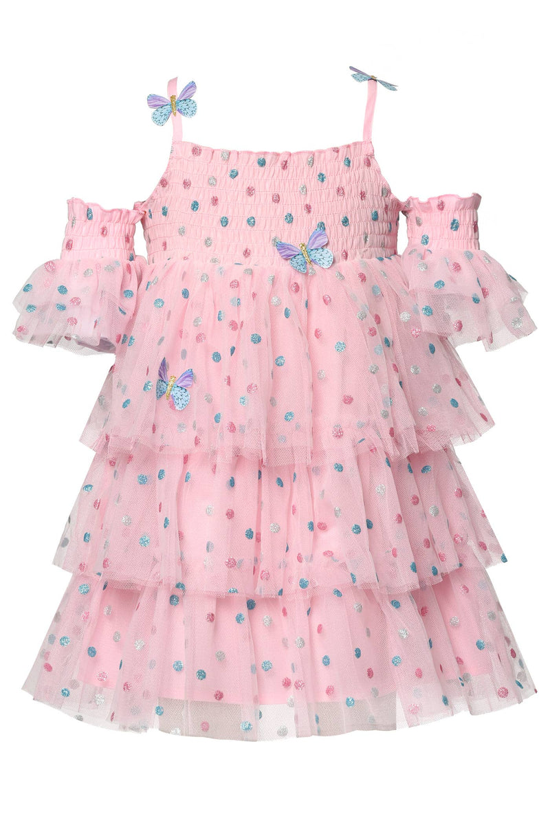 Metallic Polka Dot Print  Smocked Chest Area & Arms   Tiered Mesh Details On Arms & Body  Empire Waistline  Butterfly Details On Straps, Chest, and Body Of Dress  Polka Dot Butterfly Mesh Tiered Dress