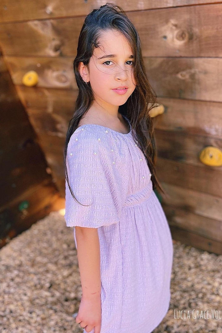 Girl’s Pearl Puff Sleeve Off The Shoulder Doll Dress