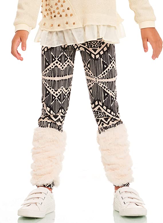 Little Girls Boho Tribal Print Faux Fur Leggings  Elastic Waistline  Ivory & Black Boho Tribal Print  Faux Fur Leg Warmers   The Perfect Leggings to Keep the Little Ones Warm During Fall & Winter.  SELF: 97% Polyester / 3% Spandex, CONTRAST (FAUX FUR): 100% Polyester  Made in high quality jersey knit.