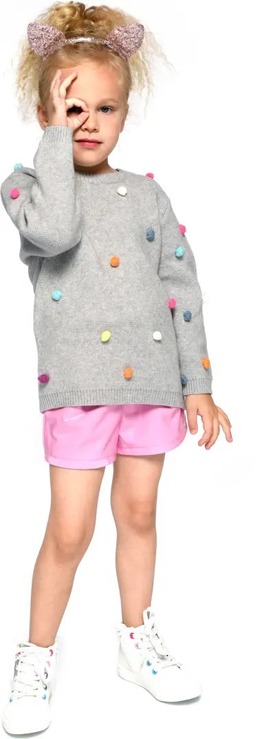 Little Girls Rainbow Pom Pom Knit Pullover  Round Neckline  Ribbed Neckline,Cuffs, and Trim  Colorful Rainbow Pom Poms  Thin Soft Knit 