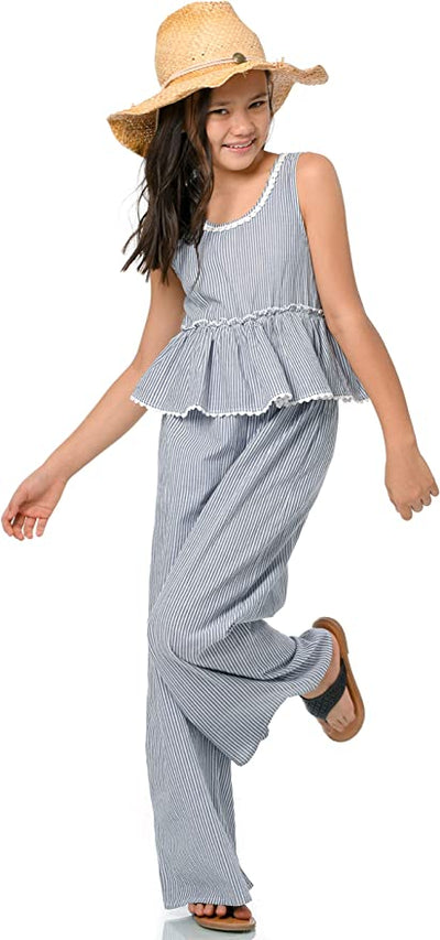 Little Girls Boho Striped Straight Leg Jumpsuit  Rounded/ Scoop Neckline  Sleeveless   Pinstripe All Over Print  Lettuce Ruffle Empire Waist  Scallop Crochet Off White Trim on Neckline & Ruffles  Wide Straight Leg  A Great jumpsuit for All Seasons: Spring, Summer, Fall, and Winter.  The Perfect Jumpsuit to wear as is or layer up for colder seasons. 