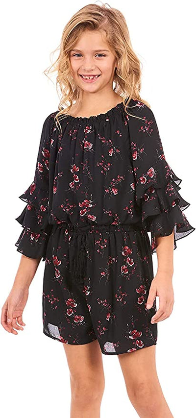 TRULY ME Big Girls Ruffle Sleeve Floral Print Romper  Ruffled Elastic Boat Neck (Can be work on of off the shoulder!)  3/4 Tiered Ruffle Sleeves  Burgundy, Pink, and White Floral Print  Drawstring Tassel Tie Waistline   The perfect romper for all seasons.