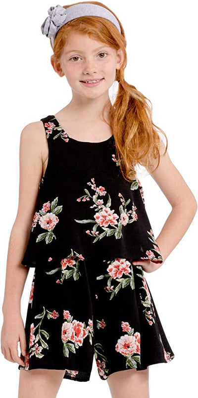 Big Girls Vintage Floral Print Romper  Scoop Neckline  Sleeveless  Vintage Floral Print   V Back Detail & Neck Tie  Truly Me designer and fashion forward little and big girls' rompers created with your little girl in mind.  All rompers designed to be on trend so she can be her best and most confident in the latest styles.