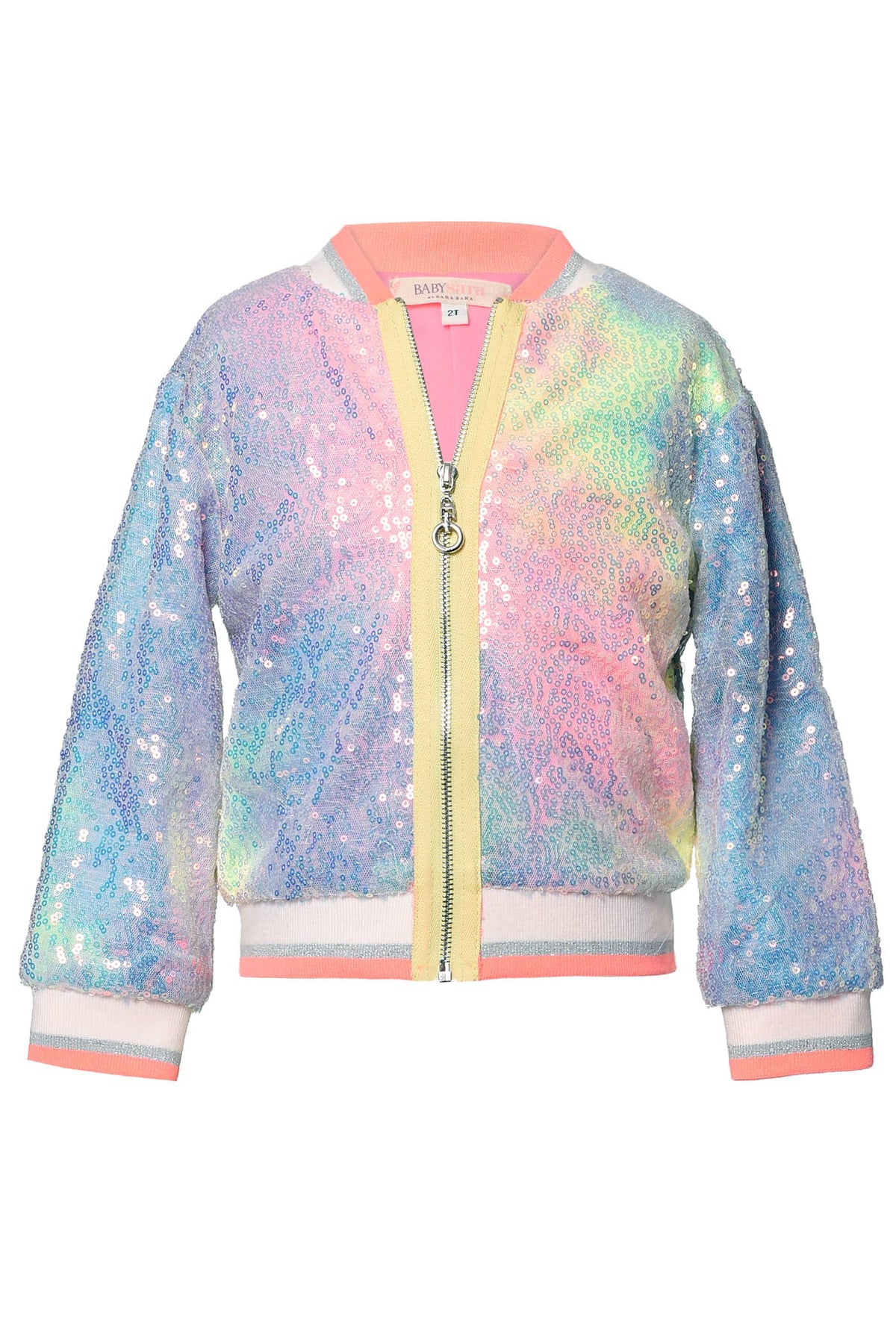 My Hannah banana Little Girl’s Pastel Sequin Tie Dye Bomber Jacket.    Pastel Sparkly Sequin Tie Dye  Contrast Pastel Yellow Exposed Zipper   Round Neckline  Ribbed Knit Stripped Neck, Cuffs, and Waistband  A Fun & Athleisure Sporty Look For Spring Showers!  Imported