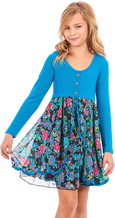 Big Girls Long Sleeve Floral Print Mini Dress  Rounded Scoop Neckline  3 Button Detail On Chest  Long Sleeves  Vibrant Hot Pink & Blue Floral Print  Lined Skirt   Mini Length Truly Me