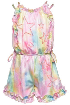 Little Girl’s Seashell Star Pastel Tie Dye Romper  Ruffle Details On:  Neckline, Chest Area, and Leg Hem  Double Spaghetti Straps  Curved Neckline  Subtle Seashell Pattern All Over  Gummy Iridescent Pink Rhine Gem Stars  Elastic Waistline With Side Ties  Adorable Pastel Rainbow Tie Dye