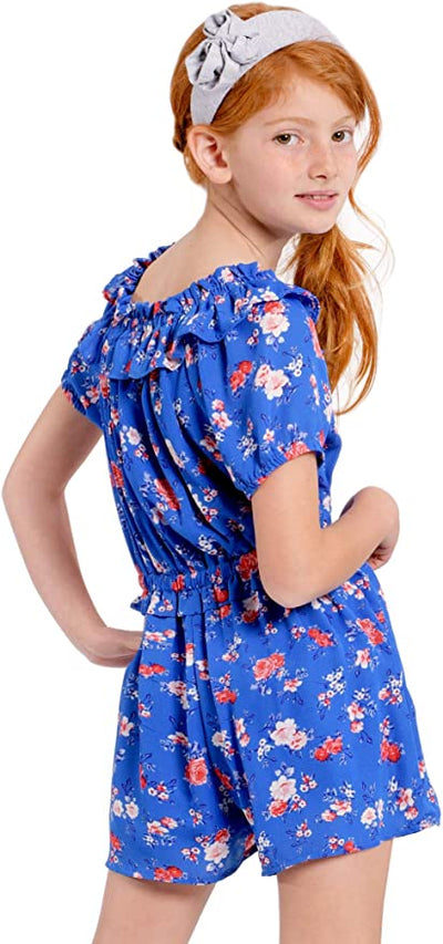 Big Girl’s Ruffle Vintage Floral Print Romper  Elastic Boat Neck With Ruffle Trim Or Off The Shoulder  Short Puff Sleeve   Elastic Waistline With Ruffle  Detail  Vintage Retro Rose Floral Print  Truly Me designer and fashion forward little and big girls' rompers created with your little girl in mind.  All rompers designed to be on trend so she can be her best and most confident in the latest styles.