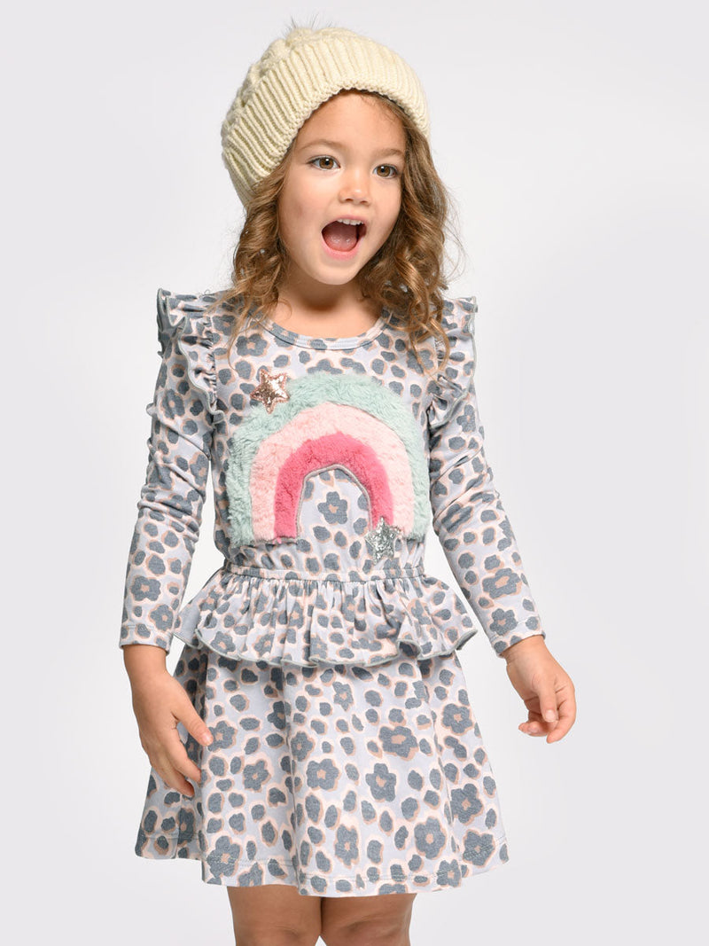 Ruffle Fuzzy Rainbow Animal Print Dress  Round Neckline  Ruffled Cap Shoulders  Long Sleeves  Elastic Waistline W/ Tiered Ruffle  Leopard/ Cheetah Print  Fuzzy Rainbow With Sequin Stars