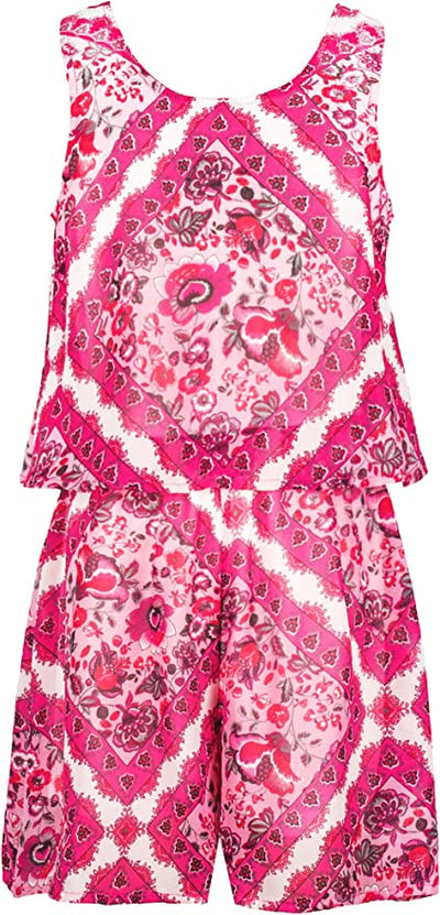 Tween Girls Boho Boarder Print Romper  Scoop Neckline  Sleeveless  Floral Bohemian Boarder Print  Vibrant Pink Tones   V Back Detail & Neck Tie  Truly Me designer and fashion forward little and big girls' rompers created with your little girl in mind.  All rompers designed to be on trend so she can be her best and most confident in the latest styles.  Rompers made with full attention to detail by using custom designed prints, vibrant color palettes, and charming embellishments.