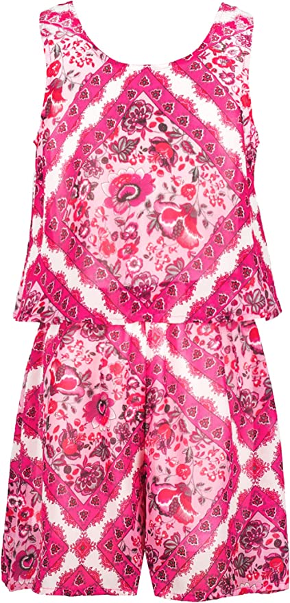 Tween Girls Boho Boarder Print Romper  Scoop Neckline  Sleeveless  Floral Bohemian Boarder Print  Vibrant Pink Tones   V Back Detail & Neck Tie  Truly Me designer and fashion forward little and big girls&