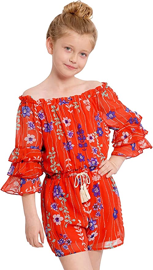 Big Girls Ruffle Sleeve Floral Print Romper  Ruffled Elastic Boat Neck (Can be work on of off the shoulder!)  3/4 Tiered Ruffle Sleeves  Burgundy, Pink, and White Floral Print  Drawstring Tassel Tie Waistline   The perfect romper for all seasons.  100% Polyester  SELF: 100% Polyester, LINING: 100% Polyester  Versatile romper that can be worn on and off the shoulder. Comes in a high quality chiffon fabrication. Super soft knit lining included.