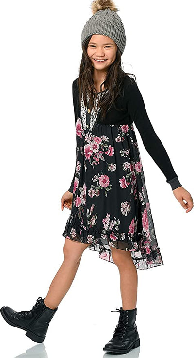 Big Girls Lace Bib Ruffled Floral Hi-Lo Dress