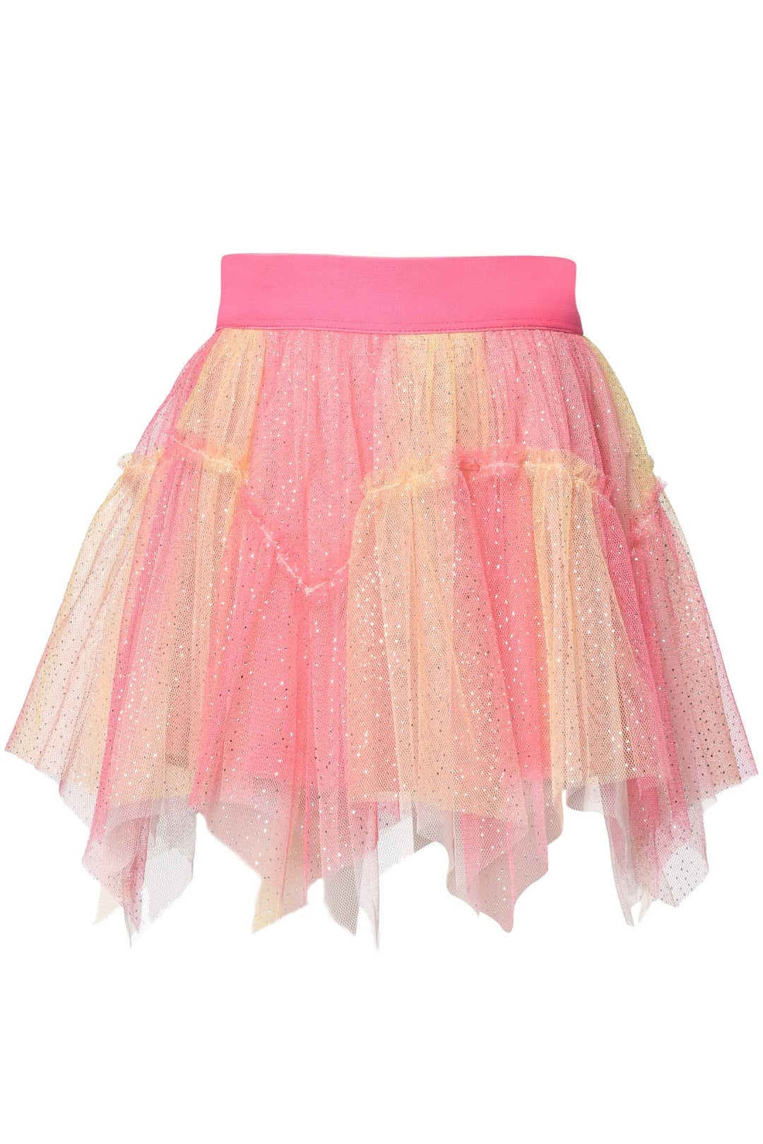 Elastic Waistband Pink & Yellow Sparkly Tulle   Multi Layer Hanky Tutu Ruffled Asymmetric Detail Imported My Hannah Banana Little Girl’s Multi Color Hanky Mesh Tutu.