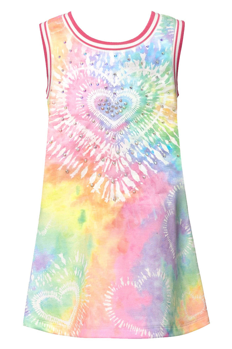 Round Sporty Ribbed Stripe Neckline   Super girly A-Line Babydoll dress design Summer-perfect pastel watercolor tie dye  Adorable Heart Print All Over Rhinestone Details Around The Center Heart Right above the knee length Imported. Little Girl’s A-Line Tie Dye Heart Bling Dress