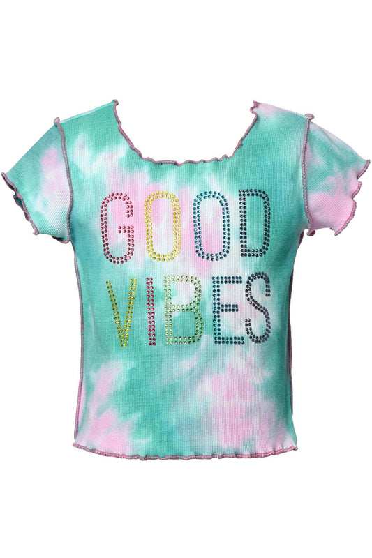 My Hannah Banana Little Girl’s Tie-Dye “Good Vibes” Rhinestone Top.  Round Neckline  Exposed Color Block Stitching  Watermelon Tie Dye W/ Jade & Pink Color  Rhinestone “Good Vibes” Text  Imported