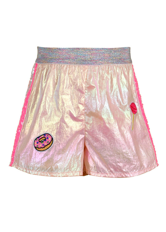 My Hannah Banana Little Girl’s Iridescent Sequin Patch Sporty Shorts.  Colorful Heather Metallic Full Elastic Waistline Sporty Sequin Multi Color Striped Sides Pink Iridescent Rainbow Shimmer Material  Fun Playful Donut & Lollipop Patch Embellishments  Imported