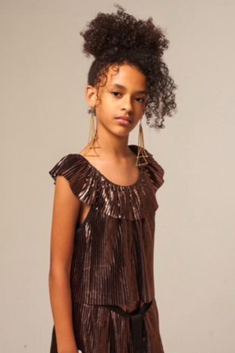 Girls Gold Metallic Pleated Party Dress