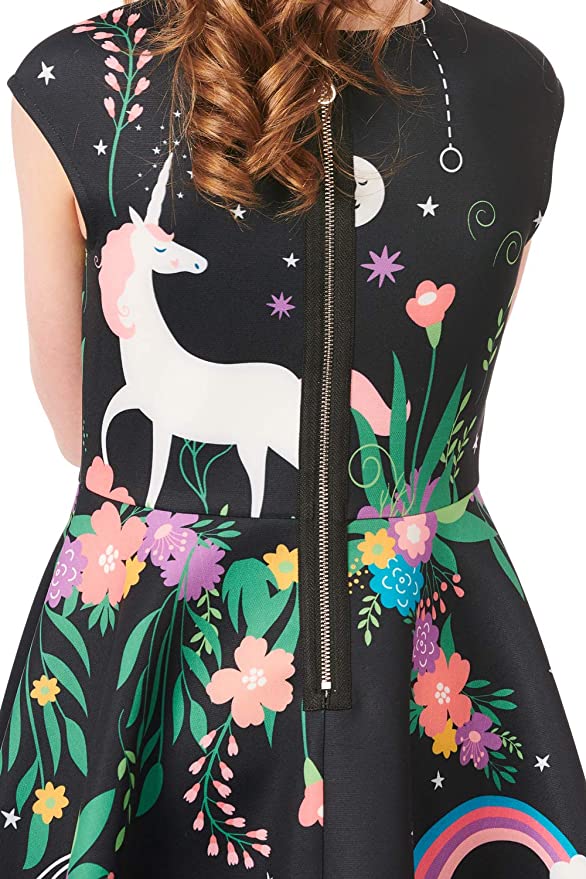 Round Neckline Short Cap Sleeve Fun Artsy Unicorn Shooting Star Rainbow Floral Print Back Exposed Zipper Above Knee Length Skater Dress SELF: 95% Polyester / 5% Spandex Sleeveless skater dress in high quality scuba. One-of-a-kind artwork with unicorn, space, and flowers done with sublimation printing.