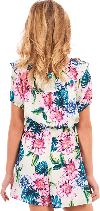 Big Girl’s Ruffle Vintage Floral Print Romper  Elastic Boat Neck With Ruffle Trim Or Off The Shoulder  Short Puff Sleeve   Elastic Waistline With Ruffle  Detail  Vintage Tropical Floral Print  Truly Me designer and fashion forward little and big girls&