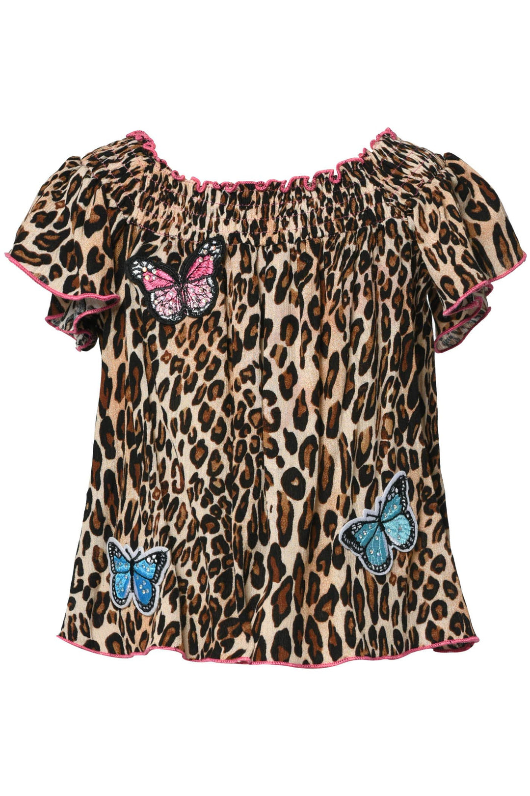 My Hannah Banana Little Girl’s Animal Parch Butterfly Smock Top.  Boat Neck Smocked Neckline Short Flutter Sleeve Hot Pink Contrast Threading  Leopard Cheetah Animal Print  Colorful Butterfly Patches  Imported