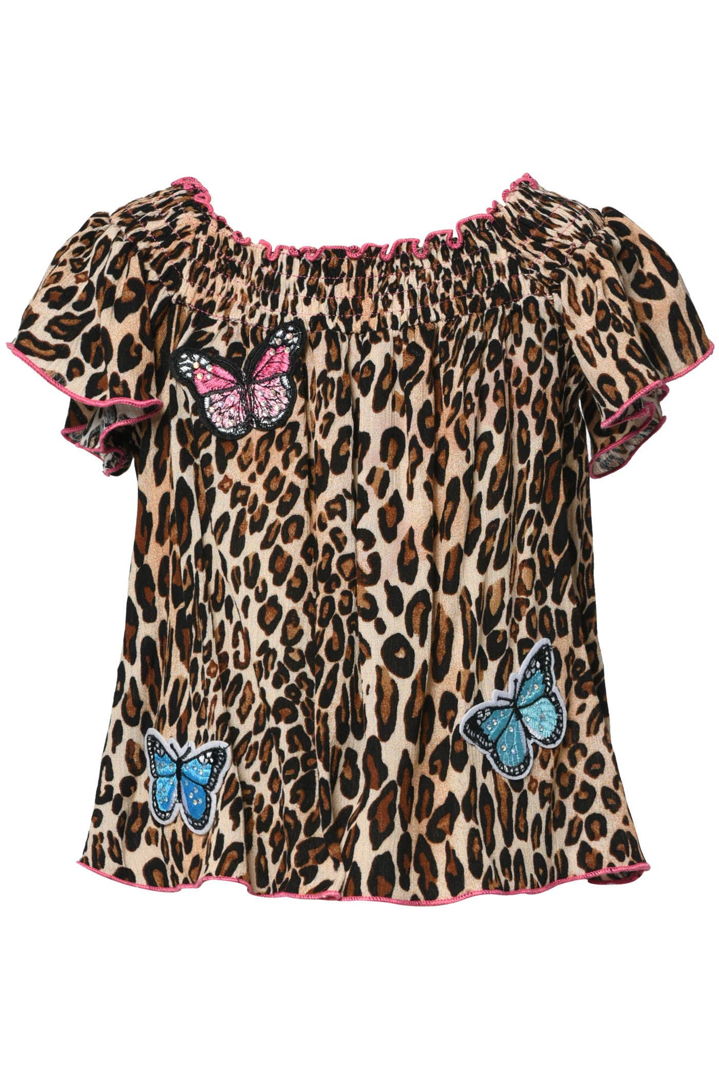 My Hannah Banana Little Girl’s Animal Parch Butterfly Smock Top.  Boat Neck Smocked Neckline Short Flutter Sleeve Hot Pink Contrast Threading  Leopard Cheetah Animal Print  Colorful Butterfly Patches  Imported