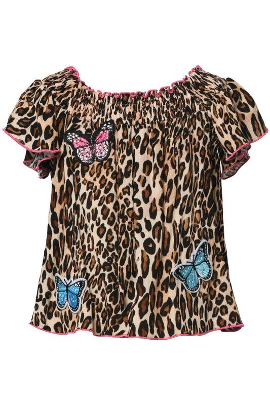 My Hannah Banana Little Girl’s Animal Parch Butterfly Smock Top.  Boat Neck Smocked Neckline Short Flutter Sleeve Hot Pink Contrast Threading  Leopard Cheetah Animal Print  Colorful Butterfly Patches  Imported