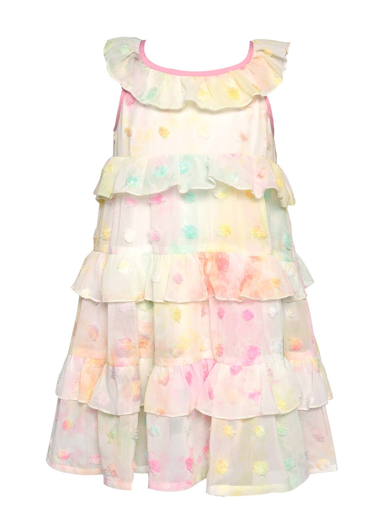 Little Girl’s Tie Dye 3D Chiffon Ruffle Tiered Dress  Bib Scoop Color Block Neckline  Sleeveless  Tiered Ruffles  Vibrant Pastel Watercolor Tie Dye  Textured Polka Dots All Over  Lined  Perfect Easter Sunday Dress or Summer Beach Day 