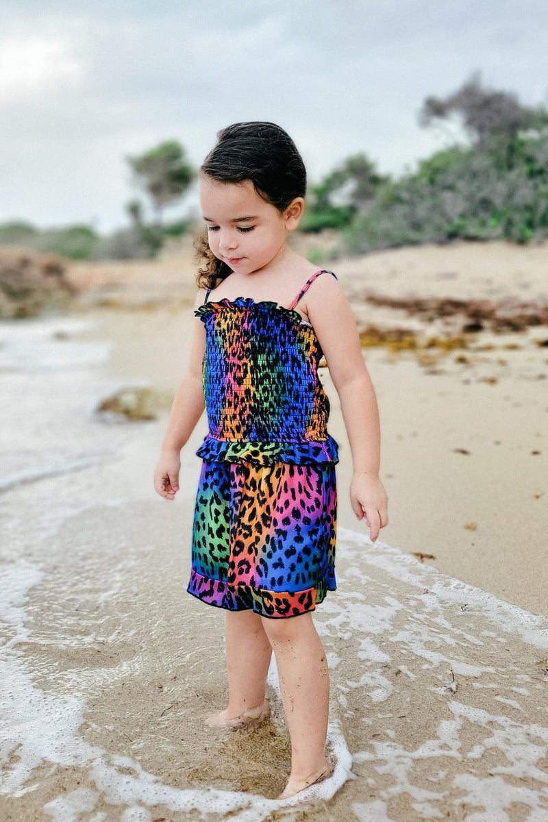 Girls Rainbow Animal Print Smocked Top Romper